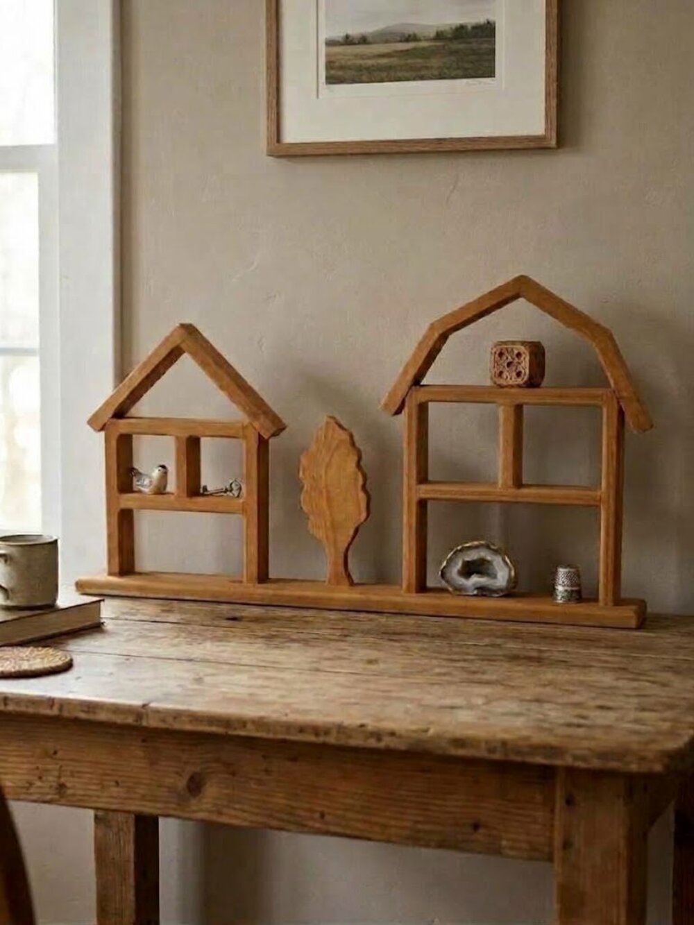 Vintage Wooden House Barn Knick Knack Shelf - Shadow Box Folk Art Display
